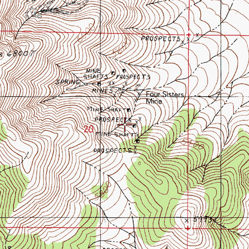 Topographic Map of Four Sisters Mine, NV