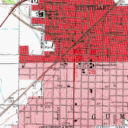 Topographic Map of Stuttgart Post Office, AR