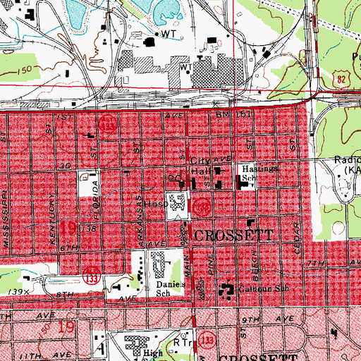Topographic Map of Crossett Post Office, AR