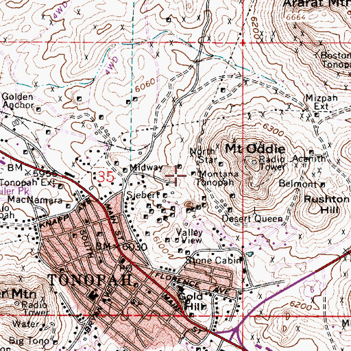 Topographic Map of Montana Tonopah, NV