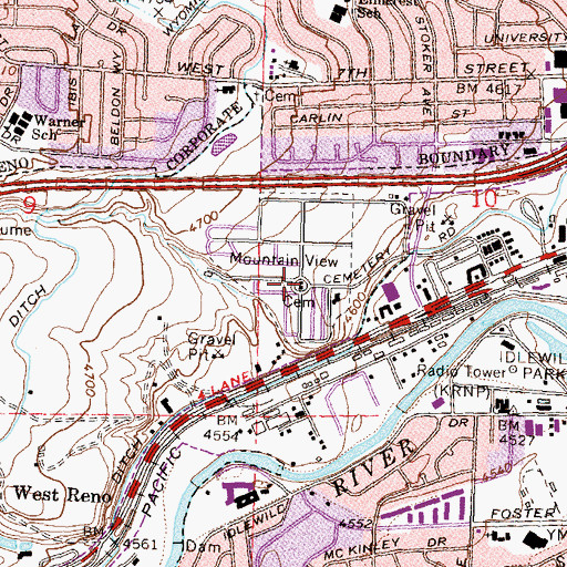 Topographic Map of Mountain View Cemetery, NV