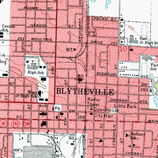 Topographic Map of Blytheville Post Office, AR