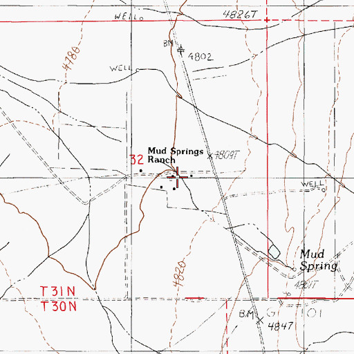 Topographic Map of Mud Springs Ranch, NV