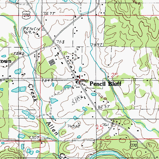 Topographic Map of Pencil Bluff Post Office, AR