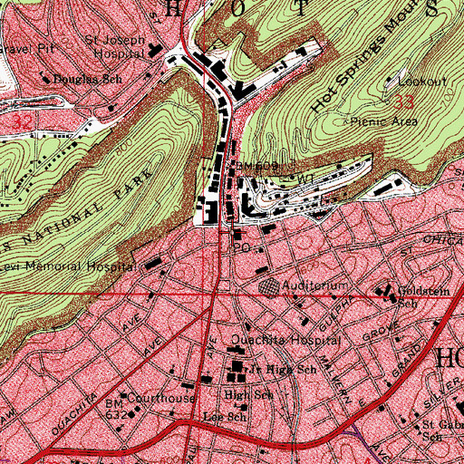 Topographic Map of Hot Springs Post Office, AR