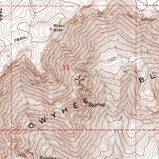 Topographic Map of Owyhee Bluffs, NV