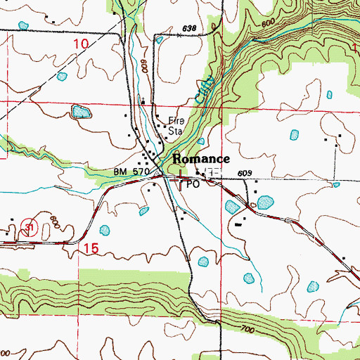 Topographic Map of Romance Post Office, AR