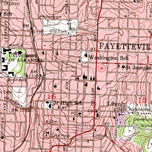 Topographic Map of Fayetteville Post Office, AR