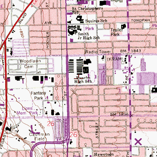 Topographic Map of Rancho High School, NV