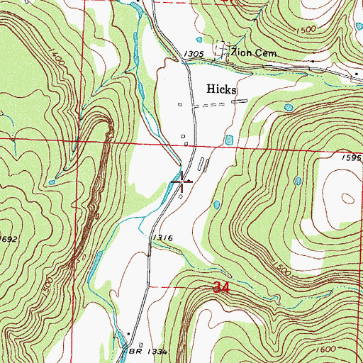 Topographic Map of Hicks Post Office (historical), AR