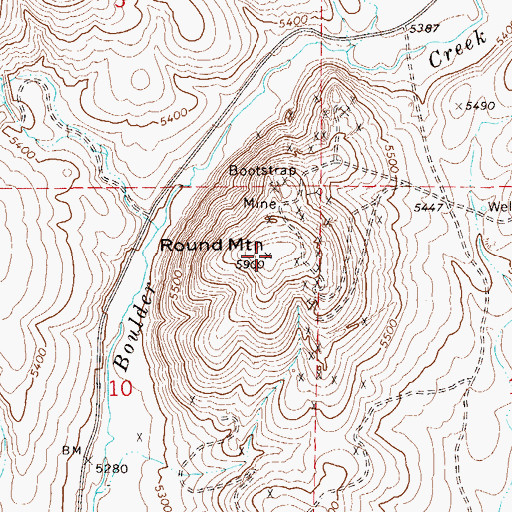 Topographic Map of Round Mountain, NV
