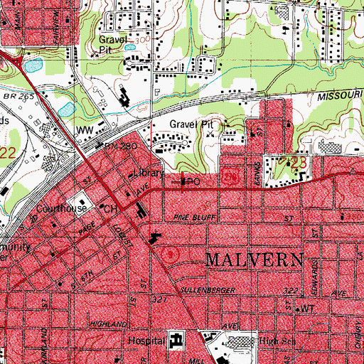 Topographic Map of Malvern Post Office, AR
