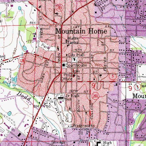 Topographic Map of Mountain Home Post Office, AR
