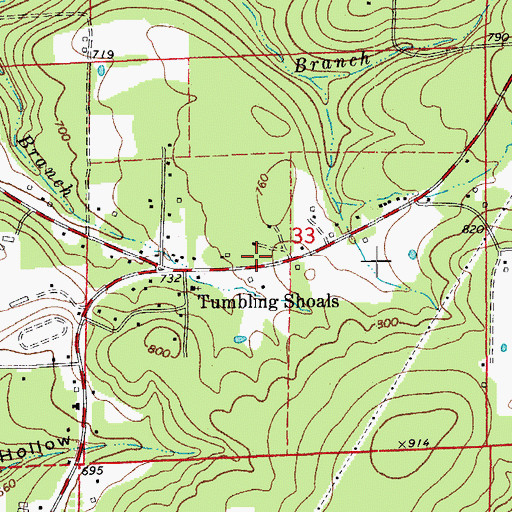 Topographic Map of Tumbling Shoals Post Office, AR