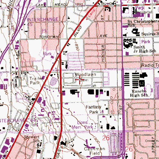 Topographic Map of Woodlawn Cemetery, NV