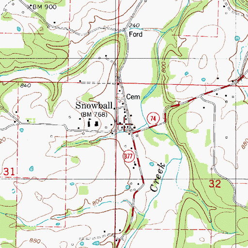 Topographic Map of Snowball Post Office (historical), AR