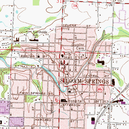 Topographic Map of Siloam Springs Post Office, AR