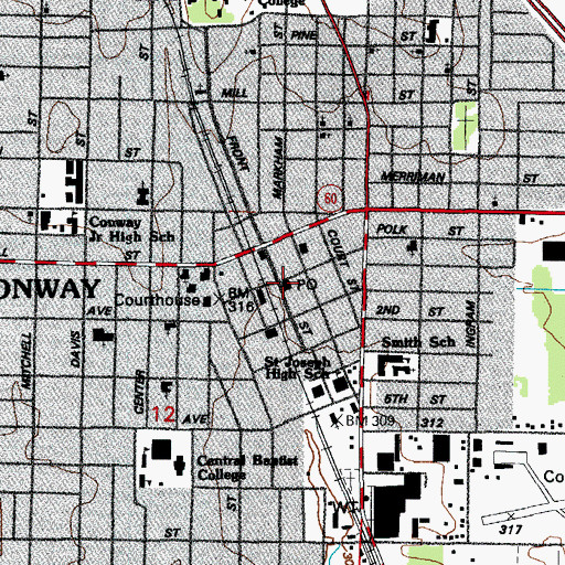 Topographic Map of Conway Post Office Downtown, AR