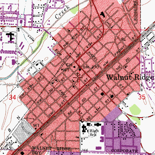 Topographic Map of Walnut Ridge Post Office, AR