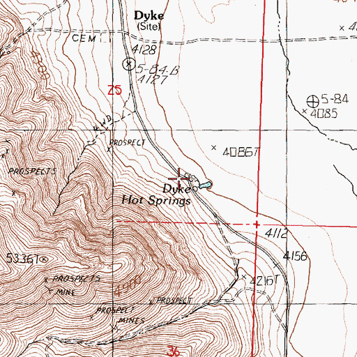 Topographic Map of Dyke Hot Springs, NV