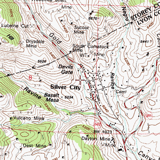 Topographic Map of Silver City Masonic Hall, NV
