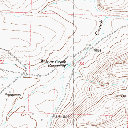 Topographic Map of Willow Creek Reservoir, NV