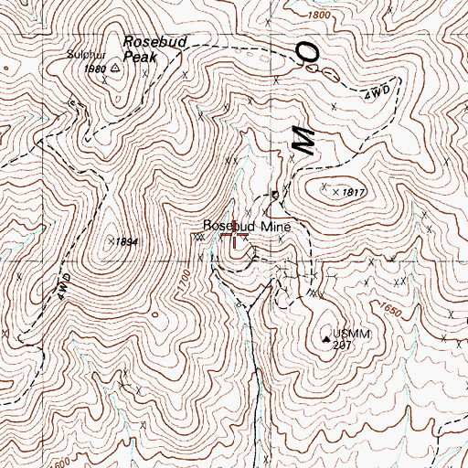 Topographic Map of Rosebud Mine, NV