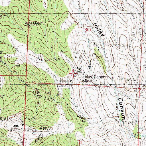 Topographic Map of Imlay Canyon Mine, NV