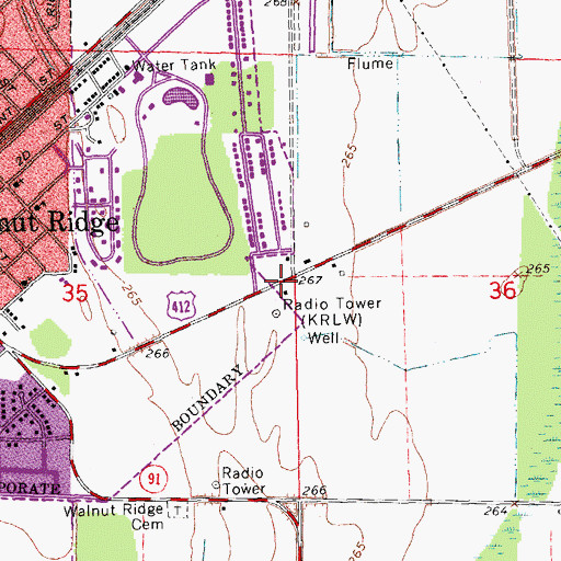 Topographic Map of KRLW-AM (Walnut Ridge), AR