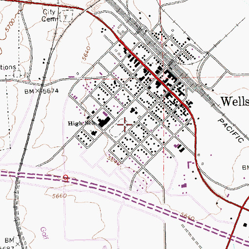Topographic Map of Wells City Hall, NV
