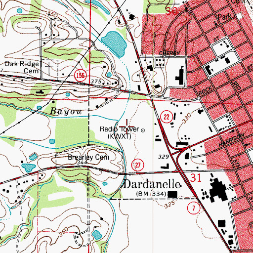 Topographic Map of KCAB-AM (Dardanelle), AR