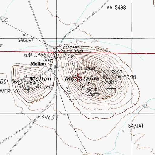 Topographic Map of Mellan Mountain Mining District, NV