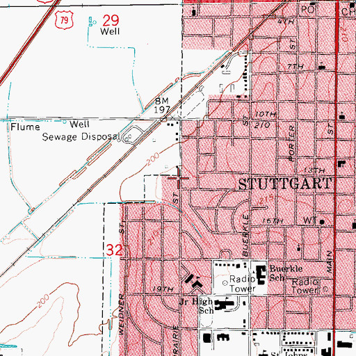 Topographic Map of KWAK-AM (Stuttgart), AR