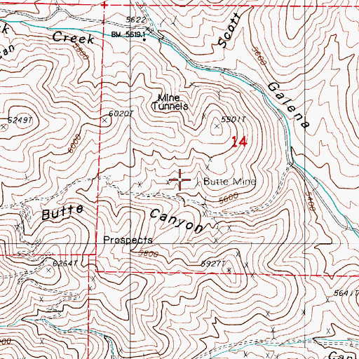 Topographic Map of Butte Mine, NV