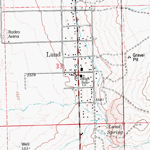 Topographic Map of Lund High School, NV
