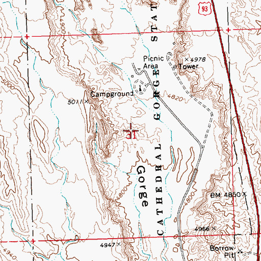 Topographic Map of Cathedral Gulch State Game Refuge, NV