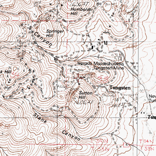 Topographic Map of Nevada Massachusetts Tungsten Mine, NV