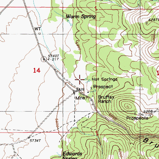 Topographic Map of Bruffeys Hot Springs, NV
