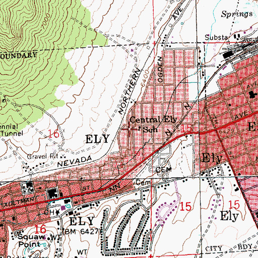 Topographic Map of Central Ely School (historical), NV