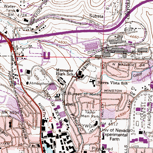 Topographic Map of Bishop Manogue High School, NV