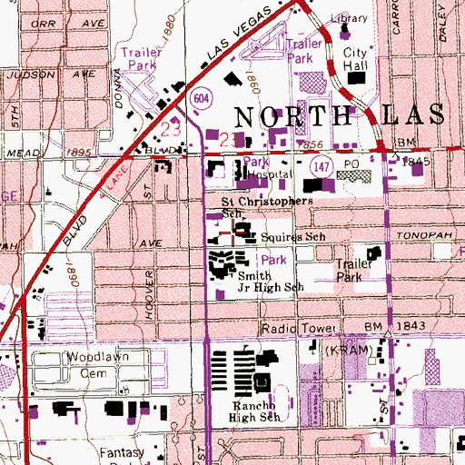 Topographic Map of C P Squires Elementary School, NV