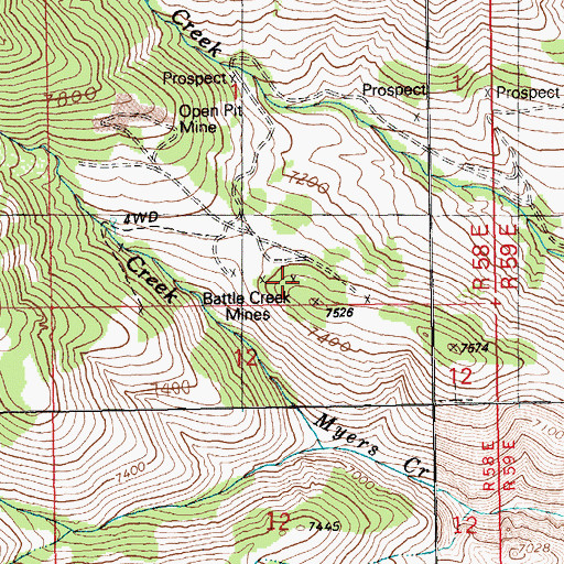 Topographic Map of Battle Creek Mines, NV