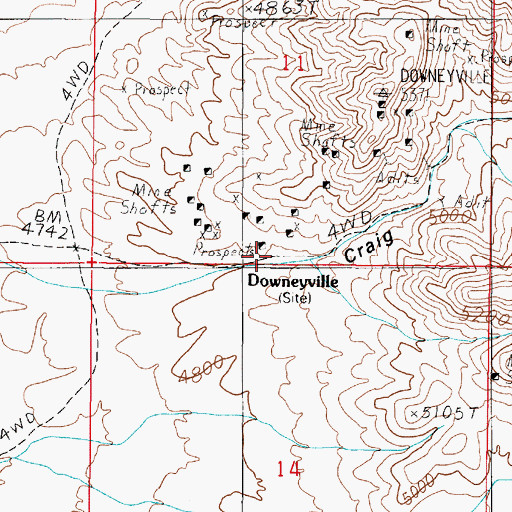 Topographic Map of Downeyville (historical), NV
