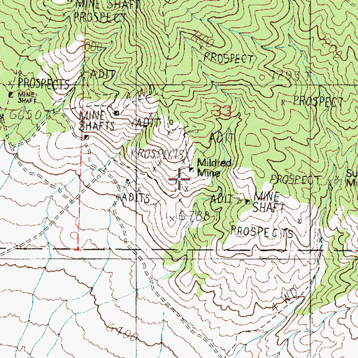 Topographic Map of Mildred Mine, NV