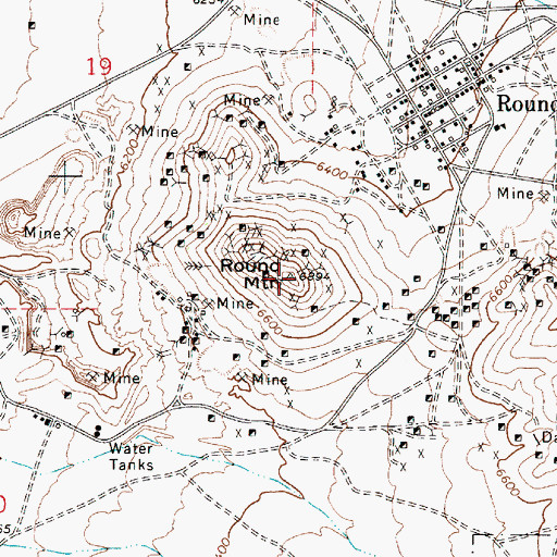 Topographic Map of Round Mountain, NV