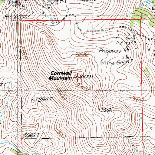 Topographic Map of Cornwall Mountain, NV