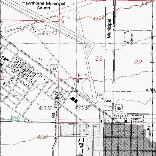 Topographic Map of Hawthorne Industrial Airport, NV