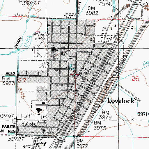 Topographic Map of Lovelock Post Office, NV
