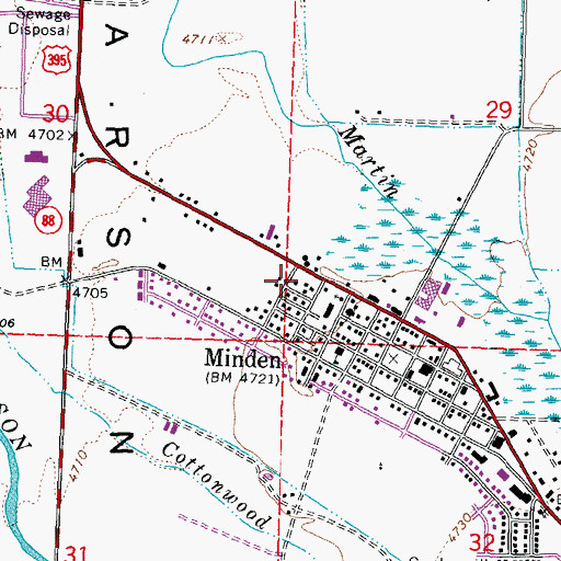 Topographic Map of Minden Post Office, NV