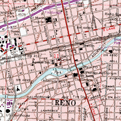 Topographic Map of Downtown Reno New Post Office, NV